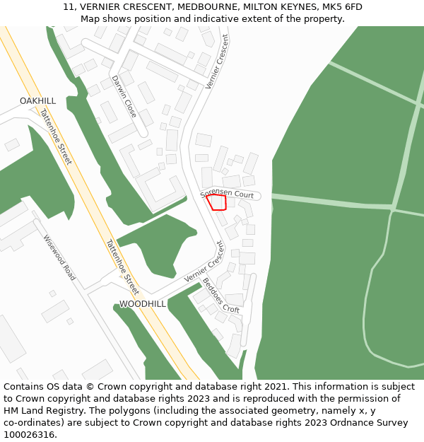 11, VERNIER CRESCENT, MEDBOURNE, MILTON KEYNES, MK5 6FD: Location map and indicative extent of plot