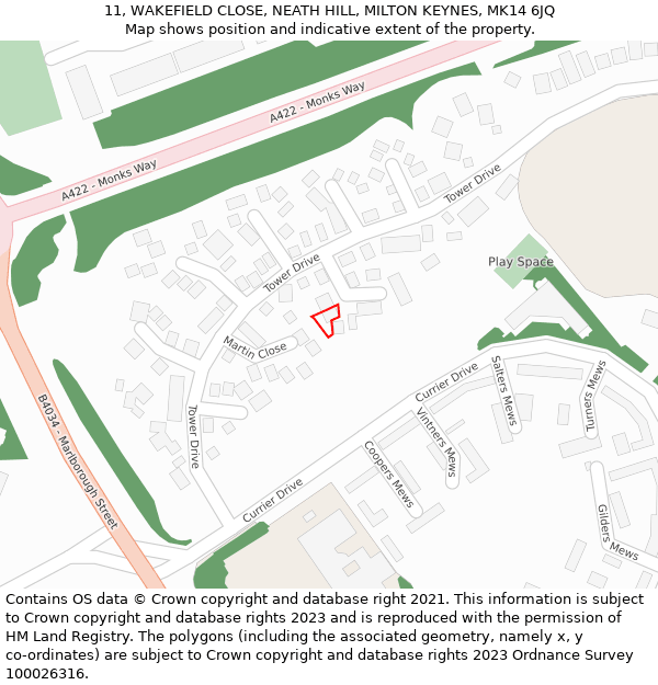 11, WAKEFIELD CLOSE, NEATH HILL, MILTON KEYNES, MK14 6JQ: Location map and indicative extent of plot