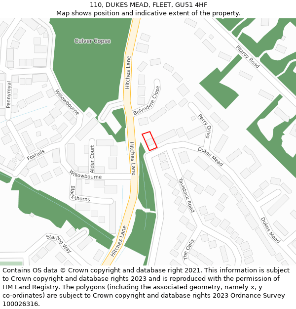 110, DUKES MEAD, FLEET, GU51 4HF: Location map and indicative extent of plot