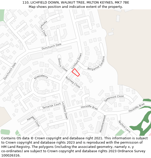 110, LICHFIELD DOWN, WALNUT TREE, MILTON KEYNES, MK7 7BE: Location map and indicative extent of plot