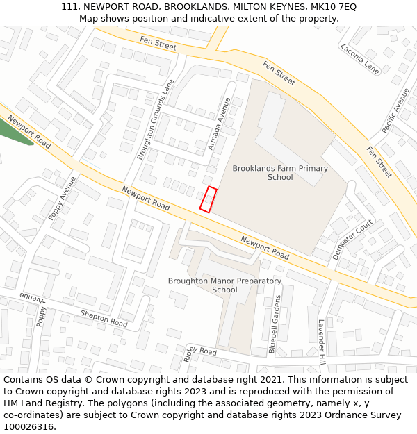 111, NEWPORT ROAD, BROOKLANDS, MILTON KEYNES, MK10 7EQ: Location map and indicative extent of plot