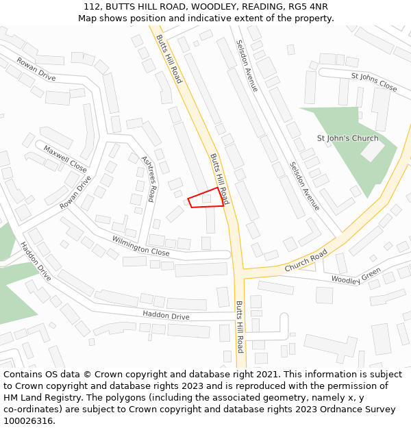 112, BUTTS HILL ROAD, WOODLEY, READING, RG5 4NR: Location map and indicative extent of plot