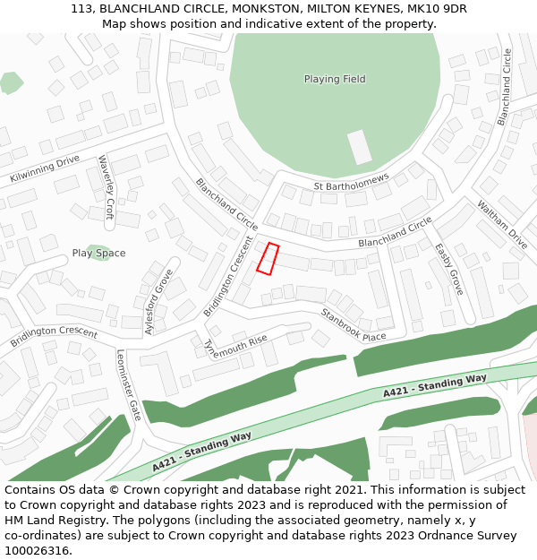 113, BLANCHLAND CIRCLE, MONKSTON, MILTON KEYNES, MK10 9DR: Location map and indicative extent of plot