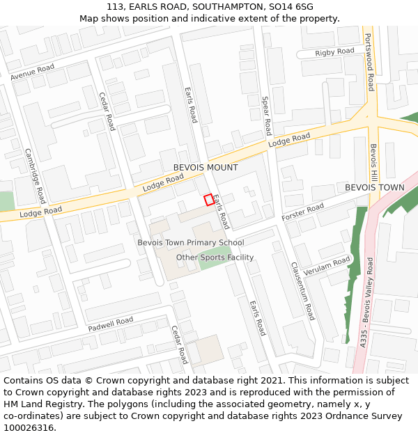 113, EARLS ROAD, SOUTHAMPTON, SO14 6SG: Location map and indicative extent of plot