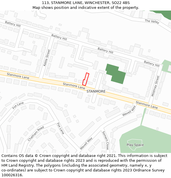 113, STANMORE LANE, WINCHESTER, SO22 4BS: Location map and indicative extent of plot