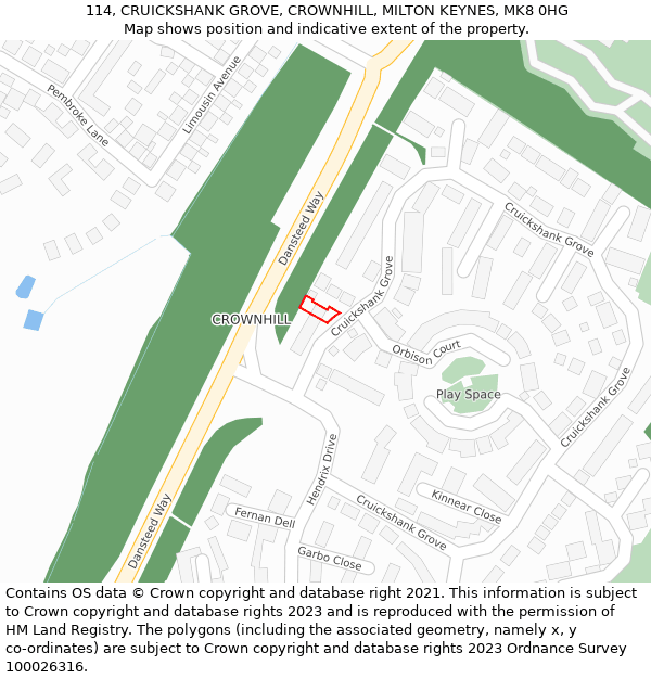 114, CRUICKSHANK GROVE, CROWNHILL, MILTON KEYNES, MK8 0HG: Location map and indicative extent of plot