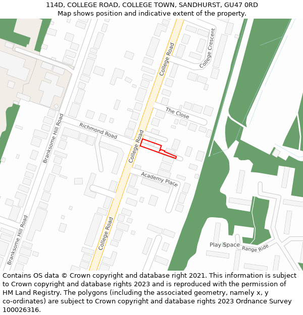 114D, COLLEGE ROAD, COLLEGE TOWN, SANDHURST, GU47 0RD: Location map and indicative extent of plot