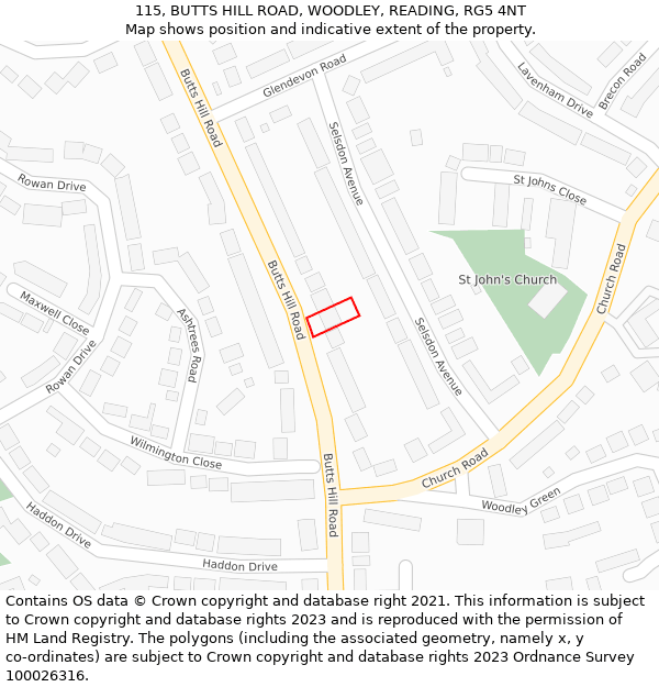 115, BUTTS HILL ROAD, WOODLEY, READING, RG5 4NT: Location map and indicative extent of plot