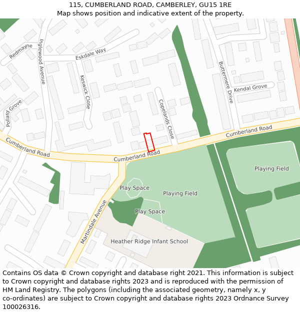 115, CUMBERLAND ROAD, CAMBERLEY, GU15 1RE: Location map and indicative extent of plot