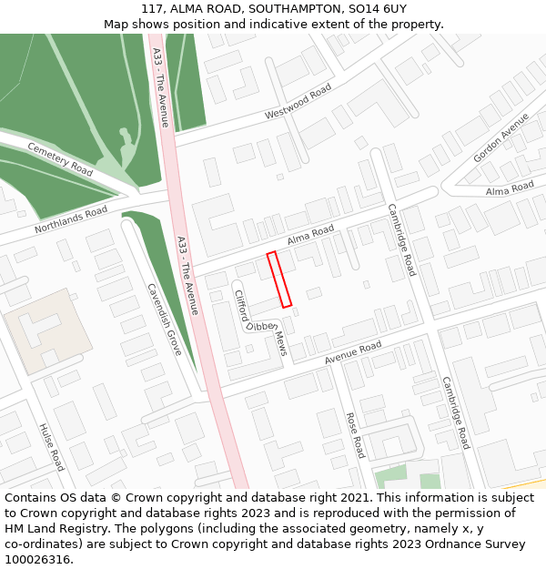 117, ALMA ROAD, SOUTHAMPTON, SO14 6UY: Location map and indicative extent of plot