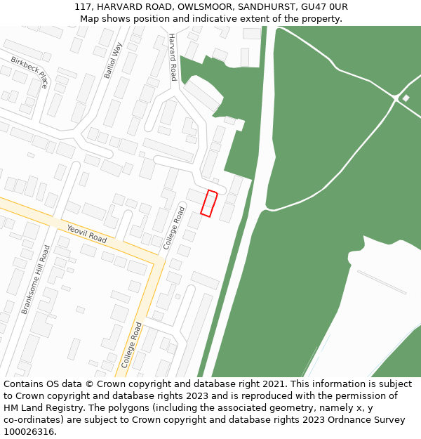 117, HARVARD ROAD, OWLSMOOR, SANDHURST, GU47 0UR: Location map and indicative extent of plot