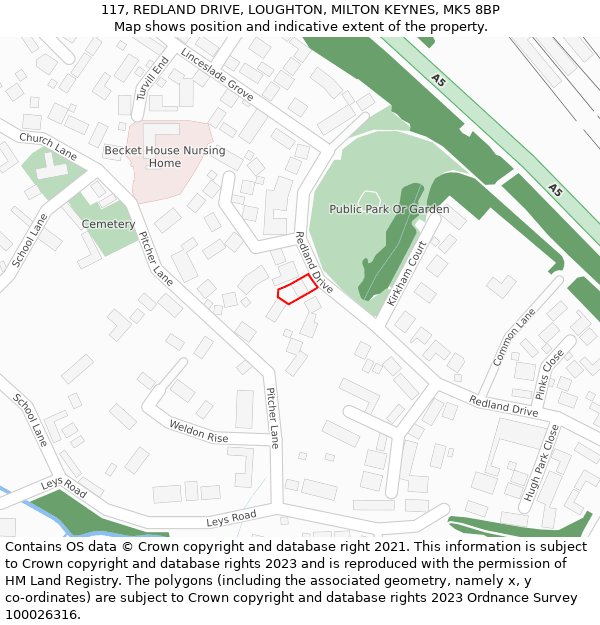 117, REDLAND DRIVE, LOUGHTON, MILTON KEYNES, MK5 8BP: Location map and indicative extent of plot