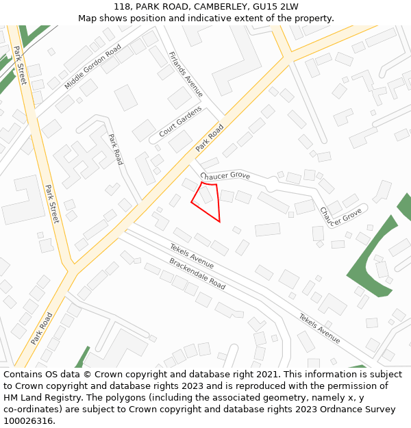 118, PARK ROAD, CAMBERLEY, GU15 2LW: Location map and indicative extent of plot