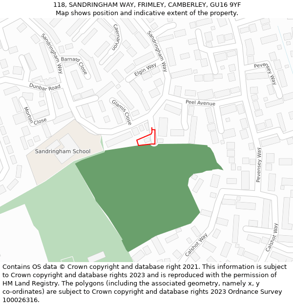 118, SANDRINGHAM WAY, FRIMLEY, CAMBERLEY, GU16 9YF: Location map and indicative extent of plot