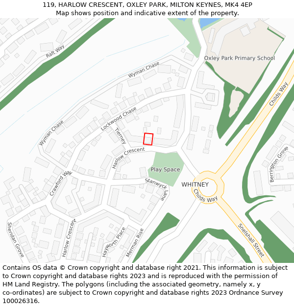 119, HARLOW CRESCENT, OXLEY PARK, MILTON KEYNES, MK4 4EP: Location map and indicative extent of plot