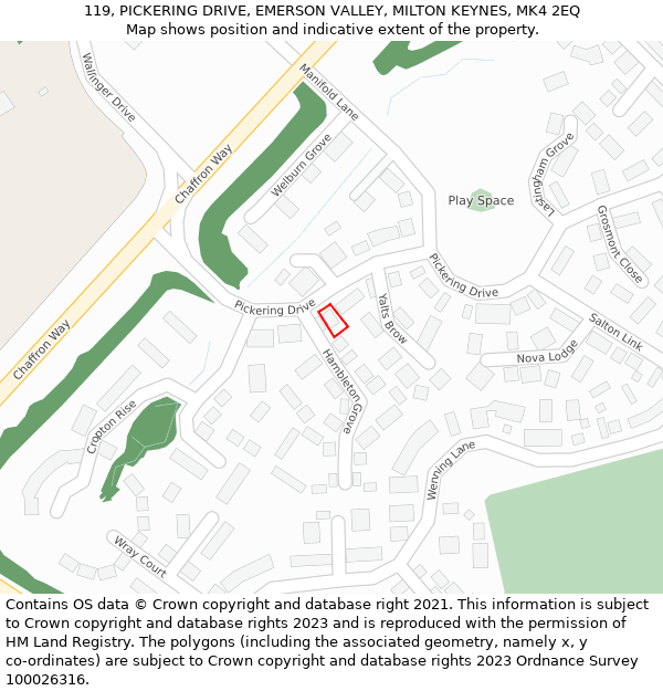 119, PICKERING DRIVE, EMERSON VALLEY, MILTON KEYNES, MK4 2EQ: Location map and indicative extent of plot