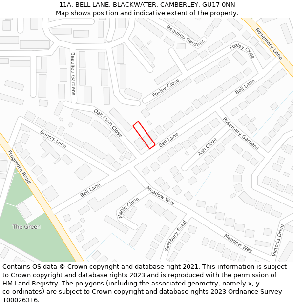 11A, BELL LANE, BLACKWATER, CAMBERLEY, GU17 0NN: Location map and indicative extent of plot