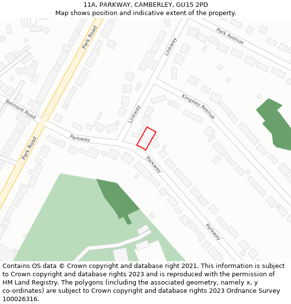 11A, PARKWAY, CAMBERLEY, GU15 2PD: Location map and indicative extent of plot