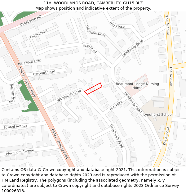 11A, WOODLANDS ROAD, CAMBERLEY, GU15 3LZ: Location map and indicative extent of plot