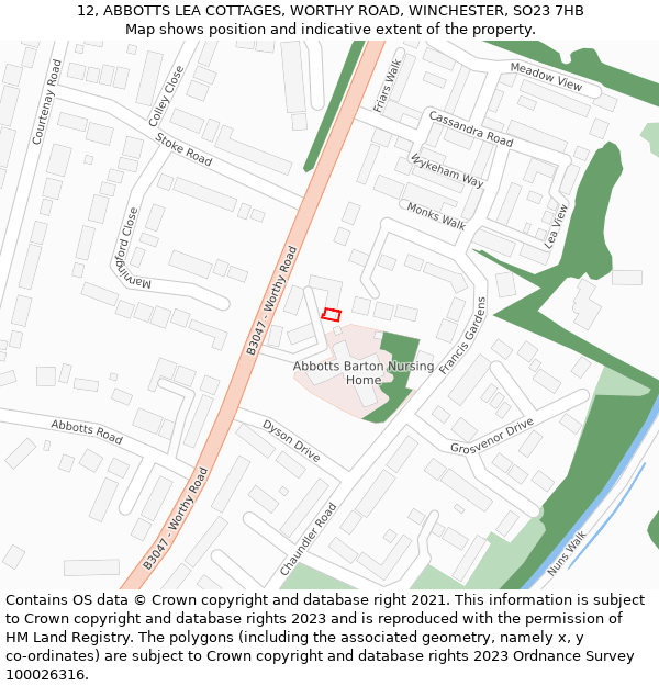 12, ABBOTTS LEA COTTAGES, WORTHY ROAD, WINCHESTER, SO23 7HB: Location map and indicative extent of plot