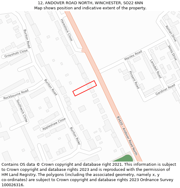 12, ANDOVER ROAD NORTH, WINCHESTER, SO22 6NN: Location map and indicative extent of plot