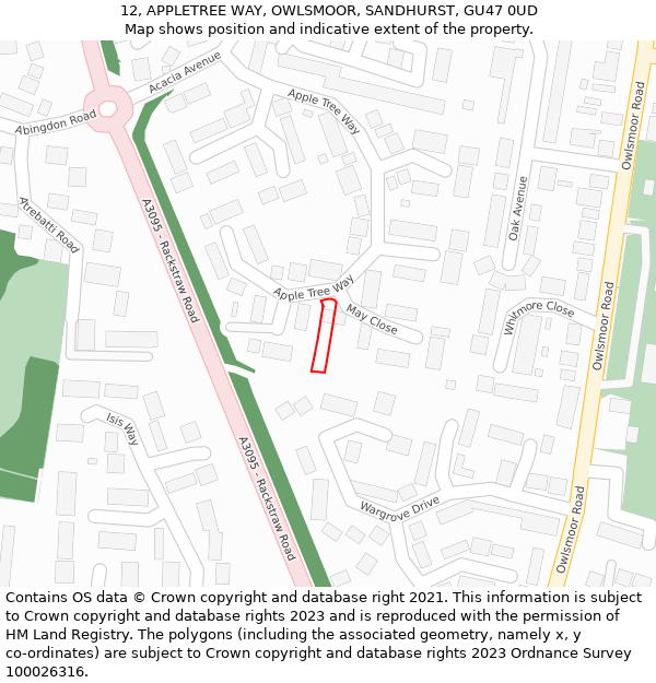 12, APPLETREE WAY, OWLSMOOR, SANDHURST, GU47 0UD: Location map and indicative extent of plot