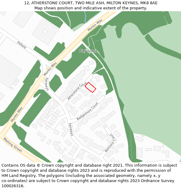 12, ATHERSTONE COURT, TWO MILE ASH, MILTON KEYNES, MK8 8AE: Location map and indicative extent of plot