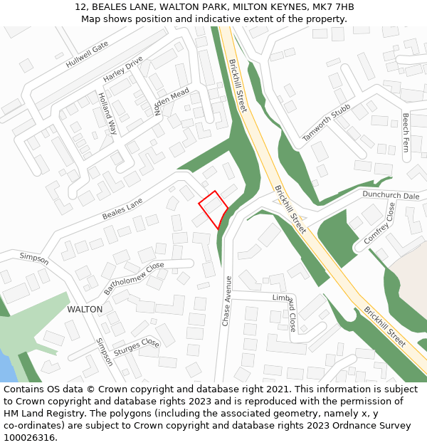 12, BEALES LANE, WALTON PARK, MILTON KEYNES, MK7 7HB: Location map and indicative extent of plot