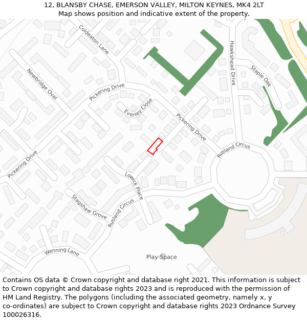 12, BLANSBY CHASE, EMERSON VALLEY, MILTON KEYNES, MK4 2LT: Location map and indicative extent of plot