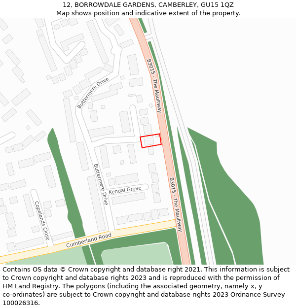 12, BORROWDALE GARDENS, CAMBERLEY, GU15 1QZ: Location map and indicative extent of plot