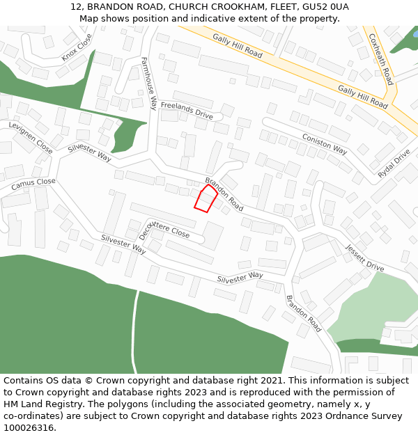 12, BRANDON ROAD, CHURCH CROOKHAM, FLEET, GU52 0UA: Location map and indicative extent of plot