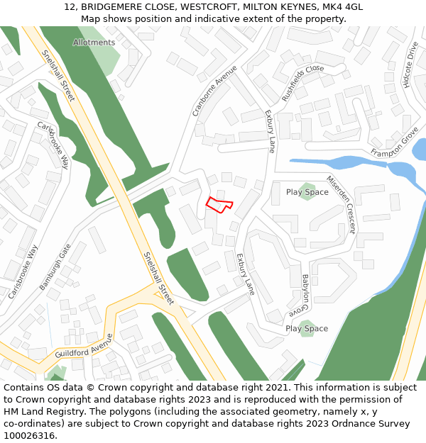 12, BRIDGEMERE CLOSE, WESTCROFT, MILTON KEYNES, MK4 4GL: Location map and indicative extent of plot