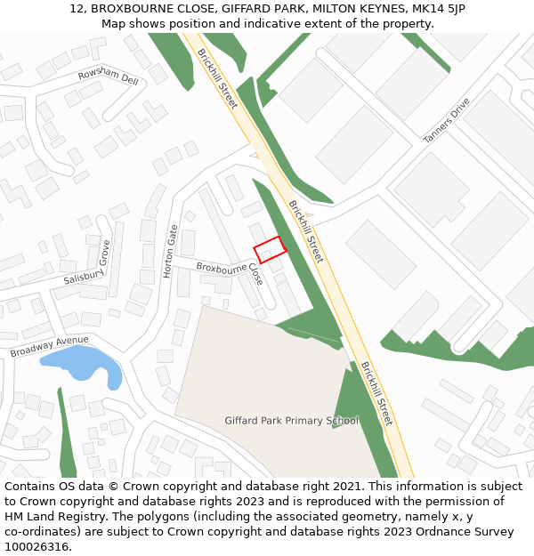 12, BROXBOURNE CLOSE, GIFFARD PARK, MILTON KEYNES, MK14 5JP: Location map and indicative extent of plot