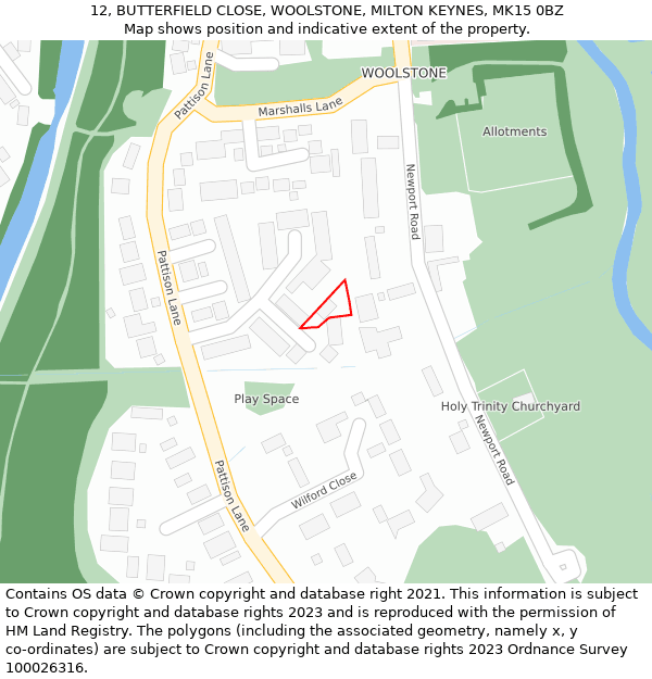 12, BUTTERFIELD CLOSE, WOOLSTONE, MILTON KEYNES, MK15 0BZ: Location map and indicative extent of plot