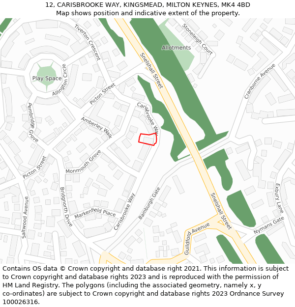 12, CARISBROOKE WAY, KINGSMEAD, MILTON KEYNES, MK4 4BD: Location map and indicative extent of plot
