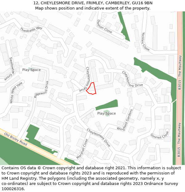 12, CHEYLESMORE DRIVE, FRIMLEY, CAMBERLEY, GU16 9BN: Location map and indicative extent of plot