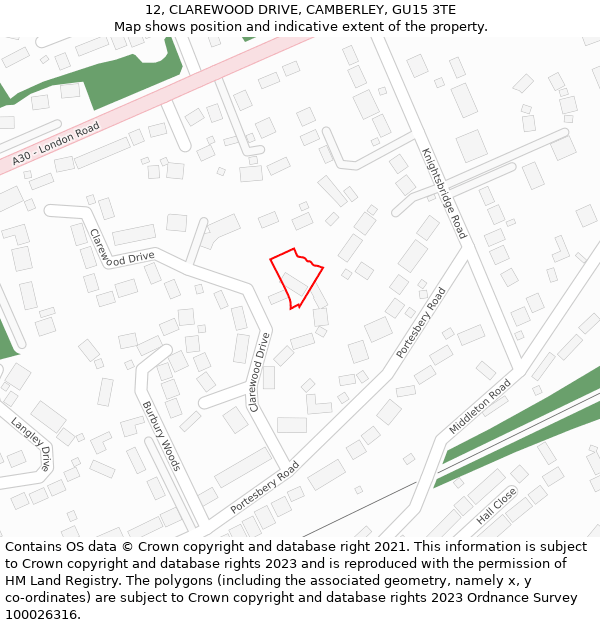 12, CLAREWOOD DRIVE, CAMBERLEY, GU15 3TE: Location map and indicative extent of plot