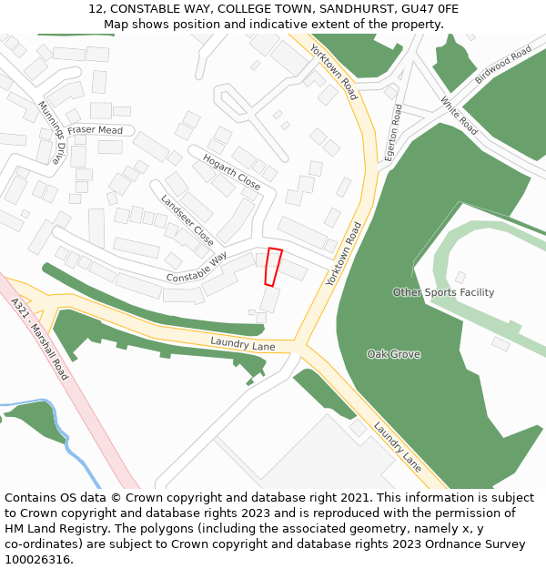 12, CONSTABLE WAY, COLLEGE TOWN, SANDHURST, GU47 0FE: Location map and indicative extent of plot