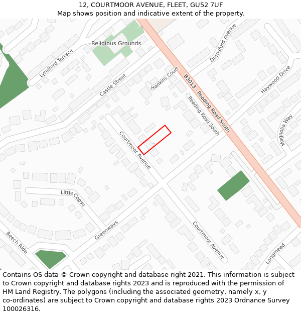 12, COURTMOOR AVENUE, FLEET, GU52 7UF: Location map and indicative extent of plot