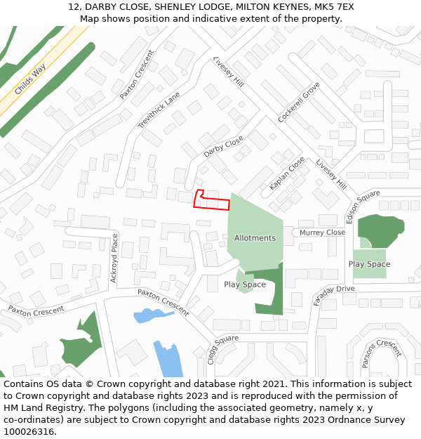 12, DARBY CLOSE, SHENLEY LODGE, MILTON KEYNES, MK5 7EX: Location map and indicative extent of plot