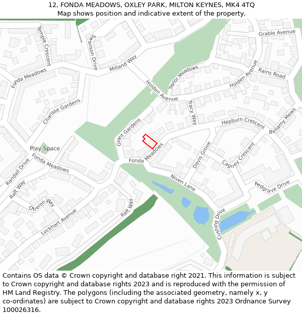 12, FONDA MEADOWS, OXLEY PARK, MILTON KEYNES, MK4 4TQ: Location map and indicative extent of plot