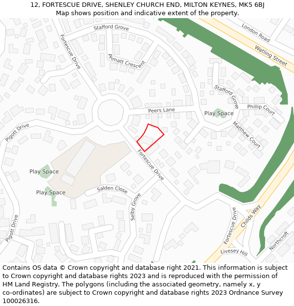 12, FORTESCUE DRIVE, SHENLEY CHURCH END, MILTON KEYNES, MK5 6BJ: Location map and indicative extent of plot