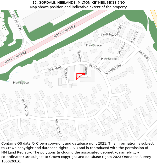 12, GORDALE, HEELANDS, MILTON KEYNES, MK13 7NQ: Location map and indicative extent of plot