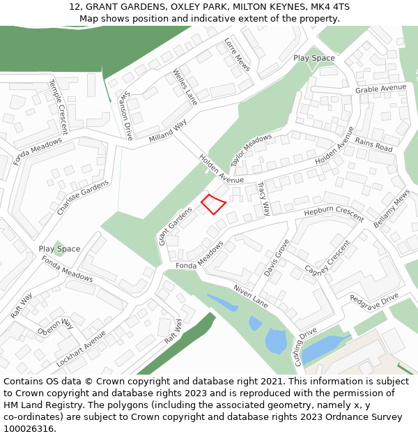 12, GRANT GARDENS, OXLEY PARK, MILTON KEYNES, MK4 4TS: Location map and indicative extent of plot