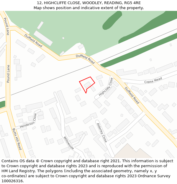 12, HIGHCLIFFE CLOSE, WOODLEY, READING, RG5 4RE: Location map and indicative extent of plot