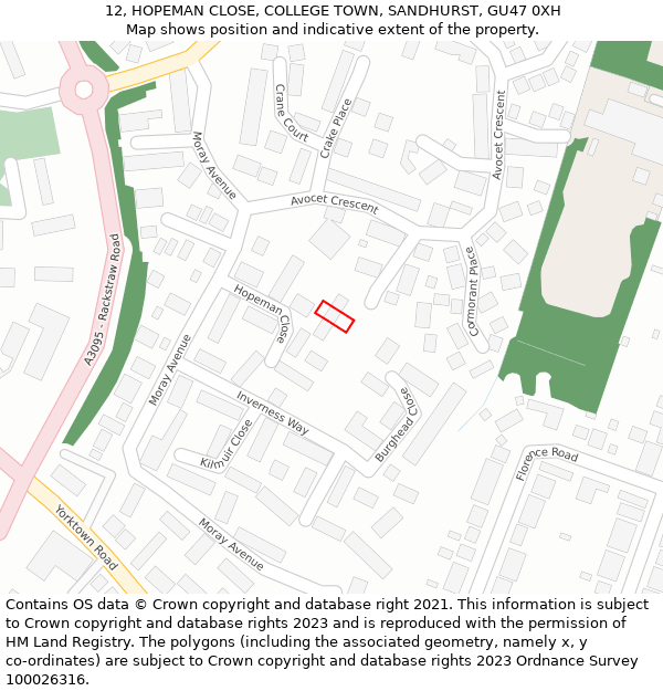 12, HOPEMAN CLOSE, COLLEGE TOWN, SANDHURST, GU47 0XH: Location map and indicative extent of plot