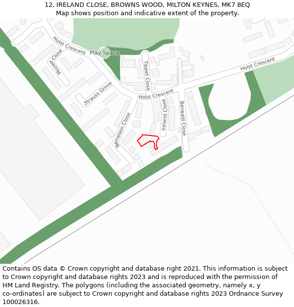 12, IRELAND CLOSE, BROWNS WOOD, MILTON KEYNES, MK7 8EQ: Location map and indicative extent of plot