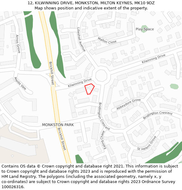 12, KILWINNING DRIVE, MONKSTON, MILTON KEYNES, MK10 9DZ: Location map and indicative extent of plot