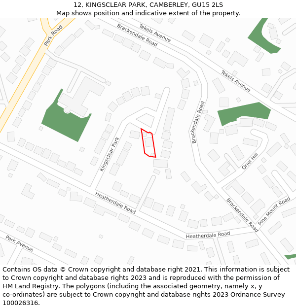 12, KINGSCLEAR PARK, CAMBERLEY, GU15 2LS: Location map and indicative extent of plot