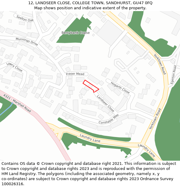 12, LANDSEER CLOSE, COLLEGE TOWN, SANDHURST, GU47 0FQ: Location map and indicative extent of plot